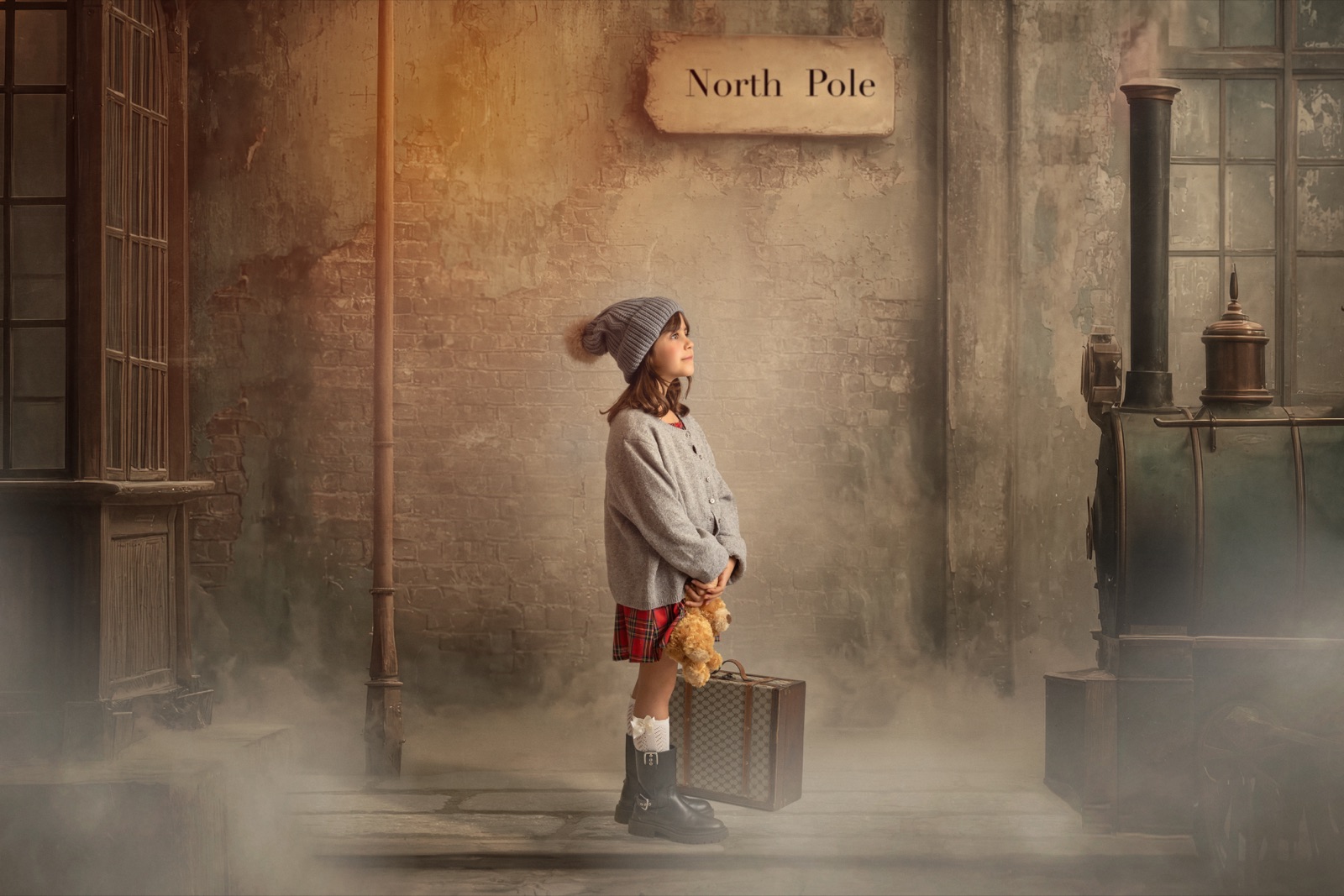 Niña con una maleta junto a un letrero del Polo Norte en una escena de fotografía navideña