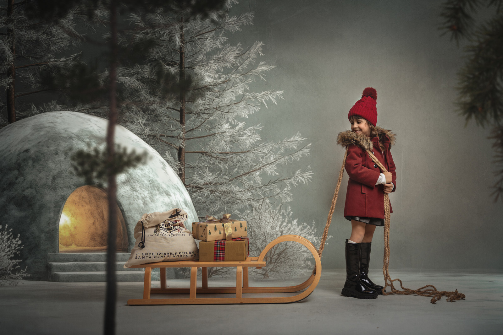 Niña en un trineo junto a un iglú iluminado en un escenario nevado